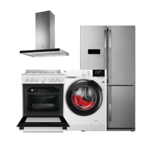 Uređaji bijele tehnike: frižider, kuhinjska napa, perilica rublja i štednjak za modernu kuhinju